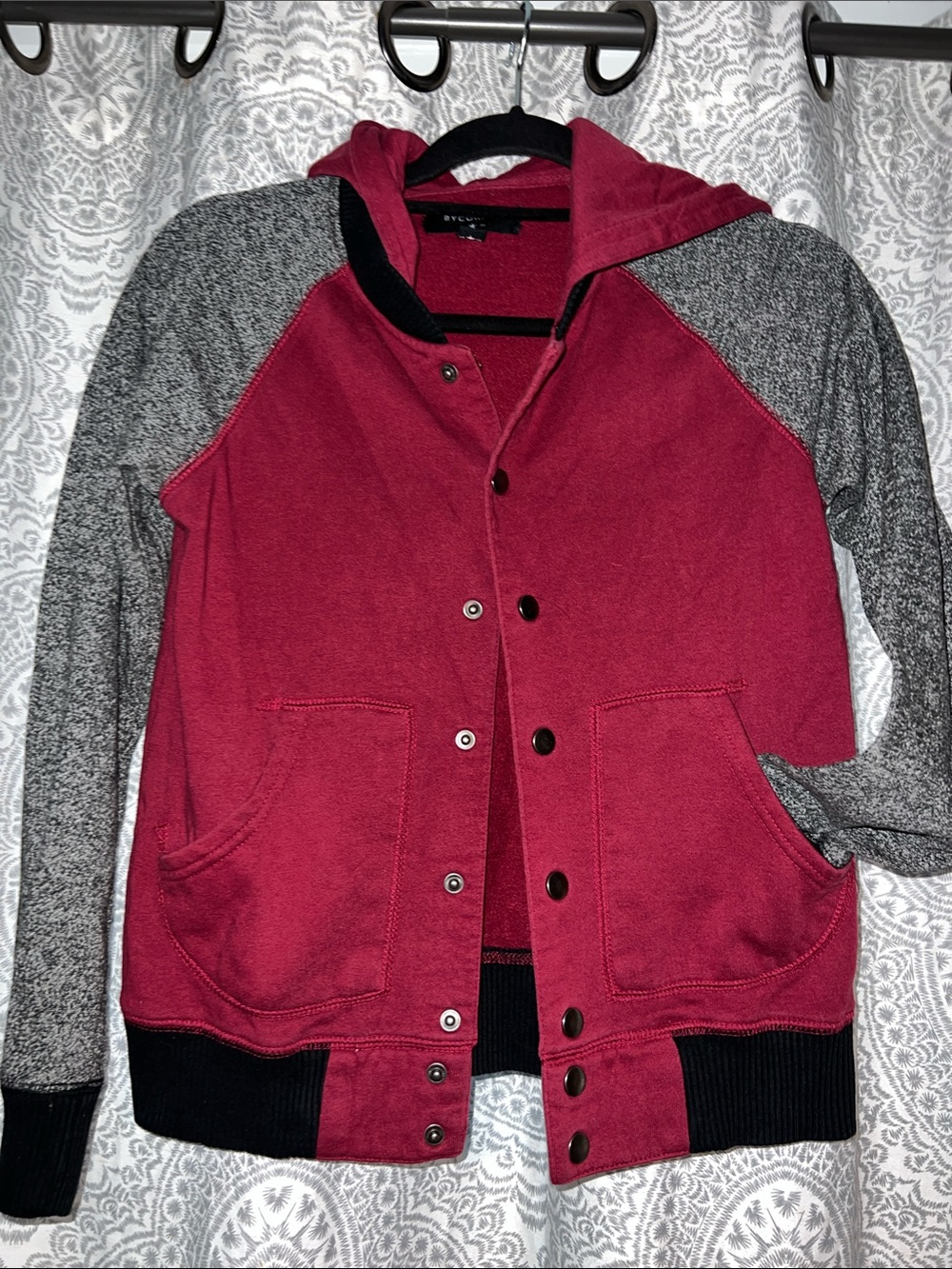 Cozy Hooded Snap Cardigan in Burgundy and Heather Gray